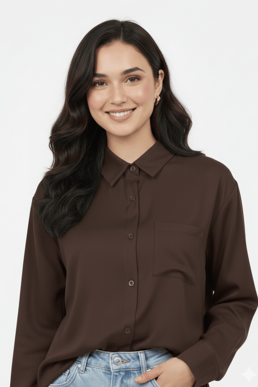 Women’s Solid Button-Down Shirt – Brown Casual Long Sleeve Top
