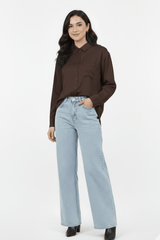 Women’s Solid Button-Down Shirt – Brown Casual Long Sleeve Top