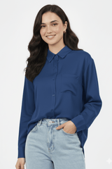 Women’s Solid Button-Down Shirt – Blue Casual Long Sleeve Top