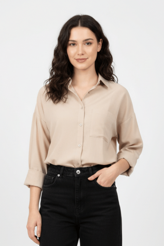 Women’s Solid Button-Down Shirt – Beige Casual Long Sleeve Top