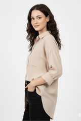 Women’s Solid Button-Down Shirt – Beige Casual Long Sleeve Top