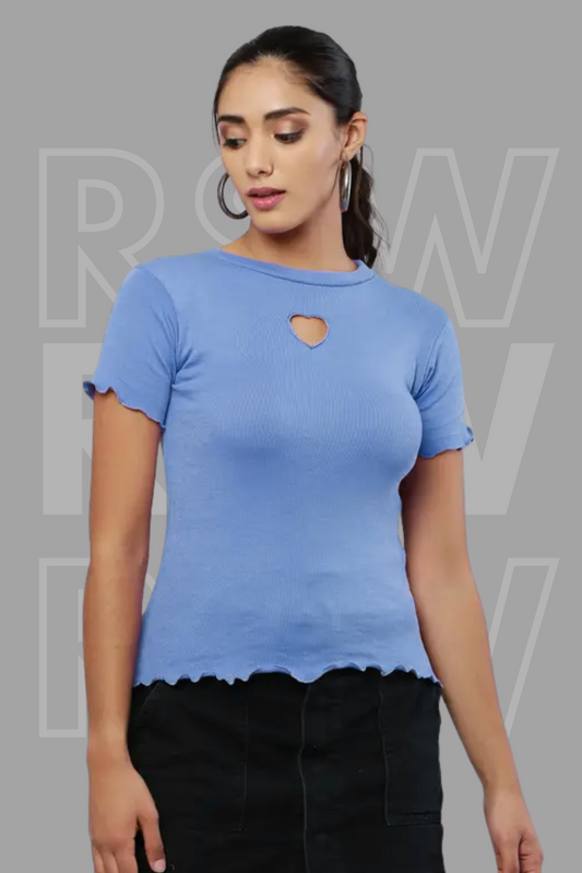 Petrol Blue Rib Knit Heart Cut-Out Top