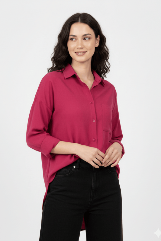 Women’s Solid Button-Down Shirt – Cherry Casual Long Sleeve Top