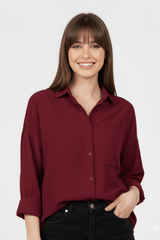 Women’s Solid Button-Down Shirt – Maroon Casual Long Sleeve Top