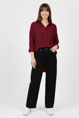 Women’s Solid Button-Down Shirt – Maroon Casual Long Sleeve Top