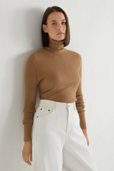 Camel Brown Rib Knit Turtleneck Sweater (Limited Color)