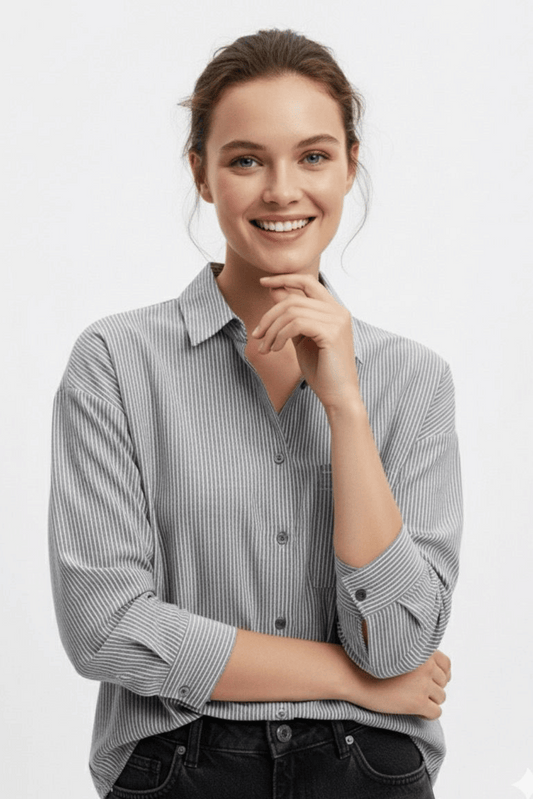 Black Pinstripe Button‑Down Shirt