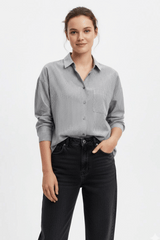 Black Pinstripe Button‑Down Shirt