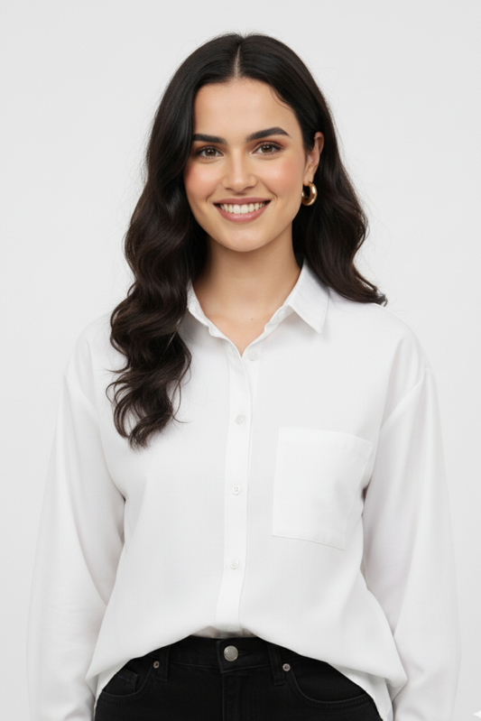 Women’s Solid Button-Down Shirt – White Casual Long Sleeve Top
