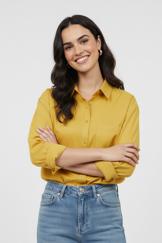 Women’s Solid Button-Down Shirt – Lemon Yellow Casual Long Sleeve Top
