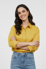 Women’s Solid Button-Down Shirt – Lemon Yellow Casual Long Sleeve Top