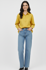 Women’s Solid Button-Down Shirt – Lemon Yellow Casual Long Sleeve Top