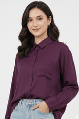 Women’s Solid Button-Down Shirt – Plum Purple Casual Long Sleeve Top