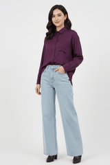 Women’s Solid Button-Down Shirt – Plum Purple Casual Long Sleeve Top