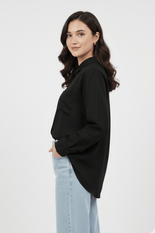 Women’s Solid Button-Down Shirt – Black Casual Long Sleeve Top