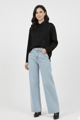 Women’s Solid Button-Down Shirt – Black Casual Long Sleeve Top