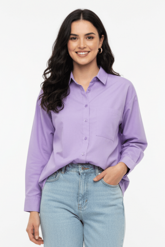 Women’s Solid Button-Down Shirt – Lilac Casual Long Sleeve Top