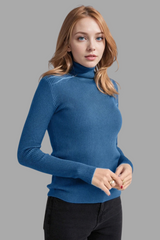 Petrol Blue Rib Knit Turtleneck Sweater