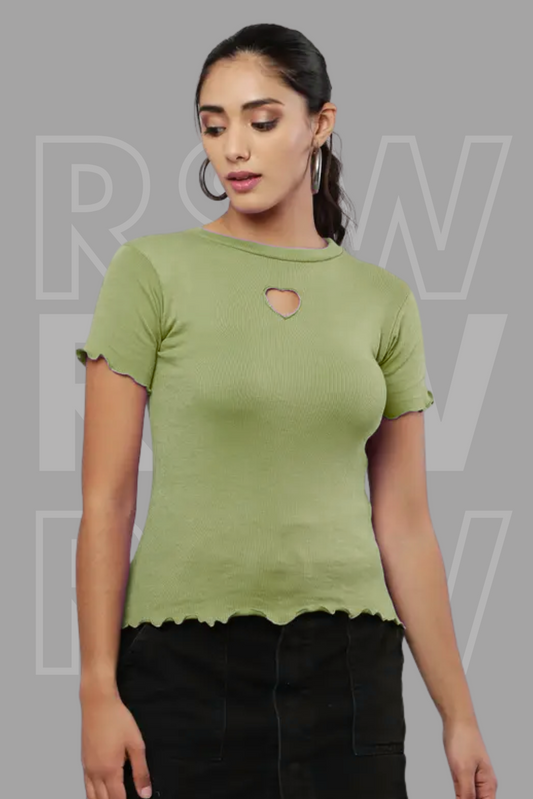 Olive Green Rib Knit Heart Cut-Out Top