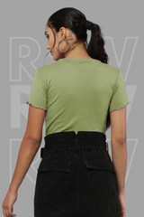 Olive Green Rib Knit Heart Cut-Out Top