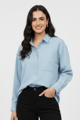 Women’s Solid Button-Down Shirt – Light Blue Casual Long Sleeve Top