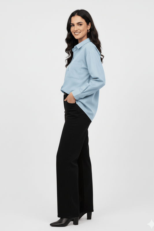Women’s Solid Button-Down Shirt – Light Blue Casual Long Sleeve Top