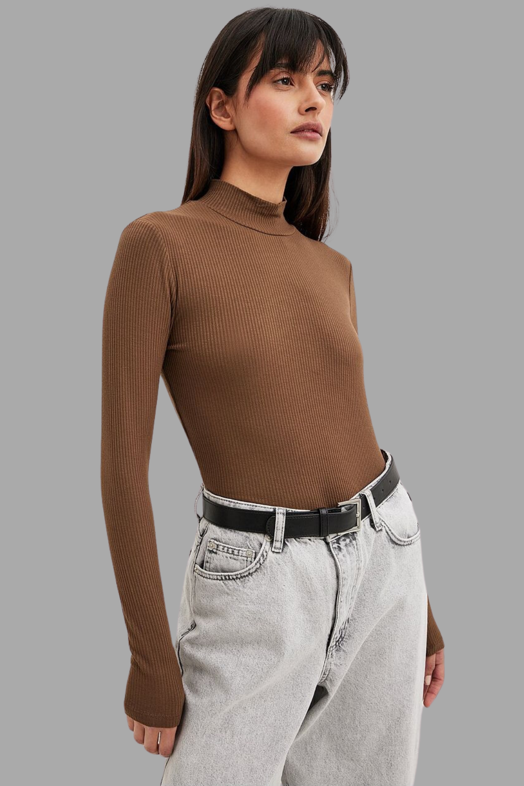 Brown Rib Knit Turtleneck Sweater