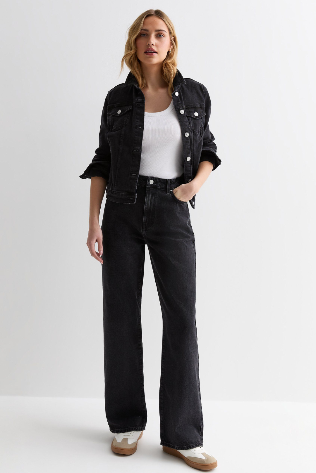 Black Denim Jacket & Wide Leg Jeans Set