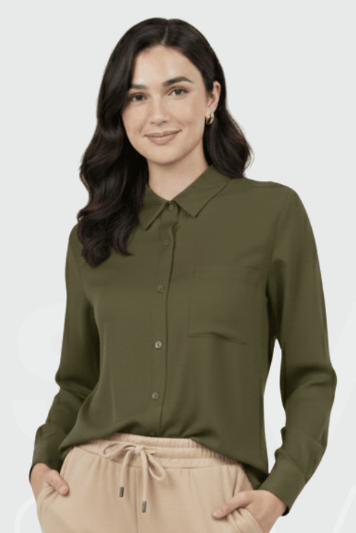 Women’s Solid Button-Down Shirt – Olive Green Casual Long Sleeve Top