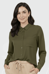 Women’s Solid Button-Down Shirt – Olive Green Casual Long Sleeve Top