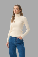 Beige Rib Knit Turtleneck Sweater