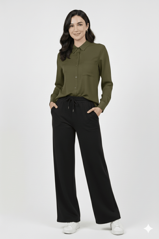 Women’s Solid Button-Down Shirt – Olive Green Casual Long Sleeve Top