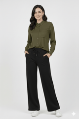 Women’s Solid Button-Down Shirt – Olive Green Casual Long Sleeve Top