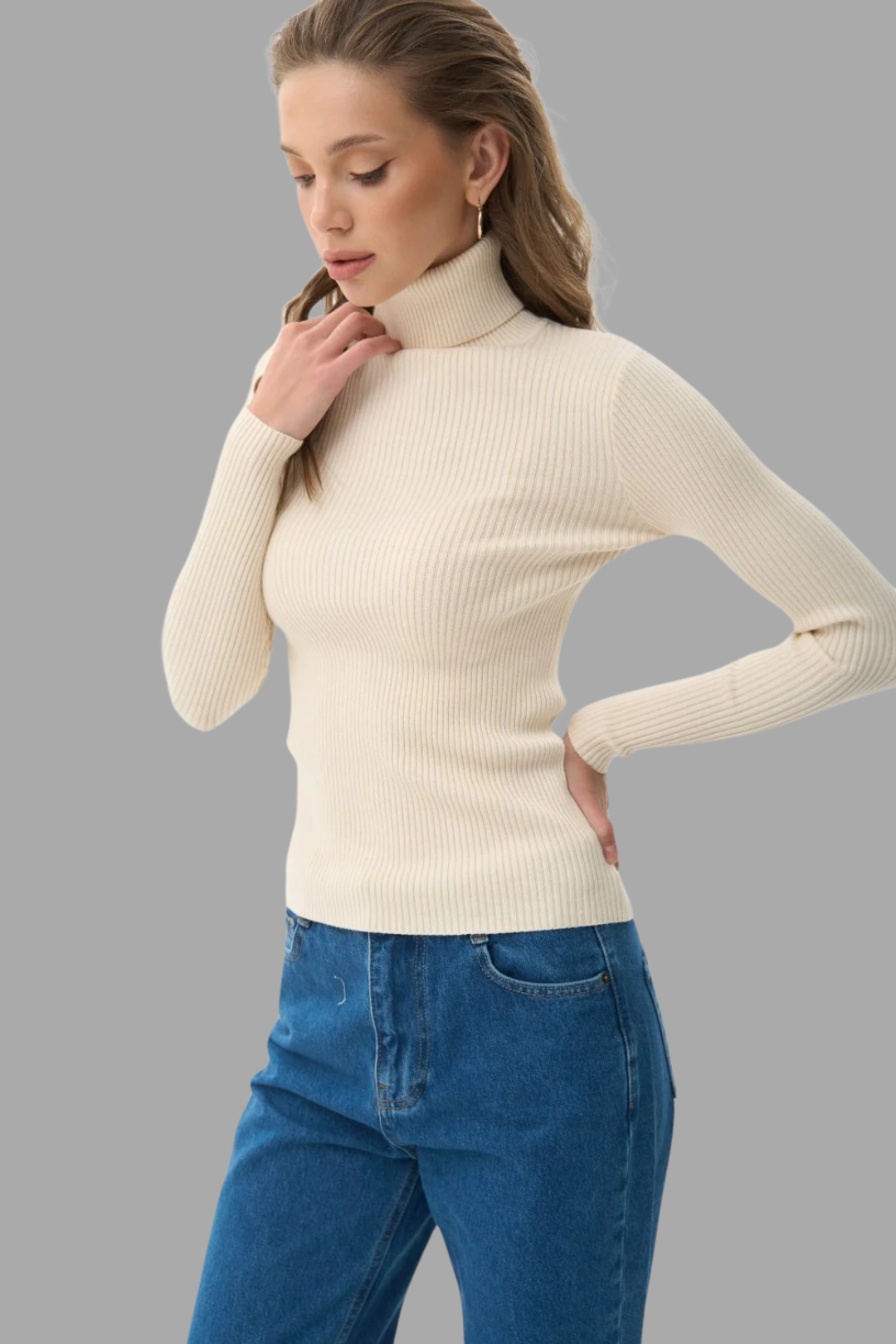 Beige Rib Knit Turtleneck Sweater