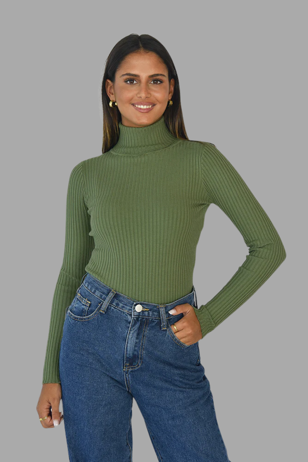 Olive Green Rib Knit Turtleneck Sweater