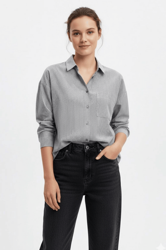 Black Pinstripe Button‑Down Shirt