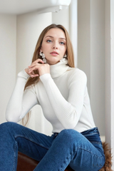 White Rib Knit Turtleneck Sweater