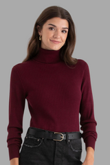 Maroon Rib Knit Turtleneck Sweater