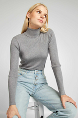 Grey Rib Knit Turtleneck Sweater