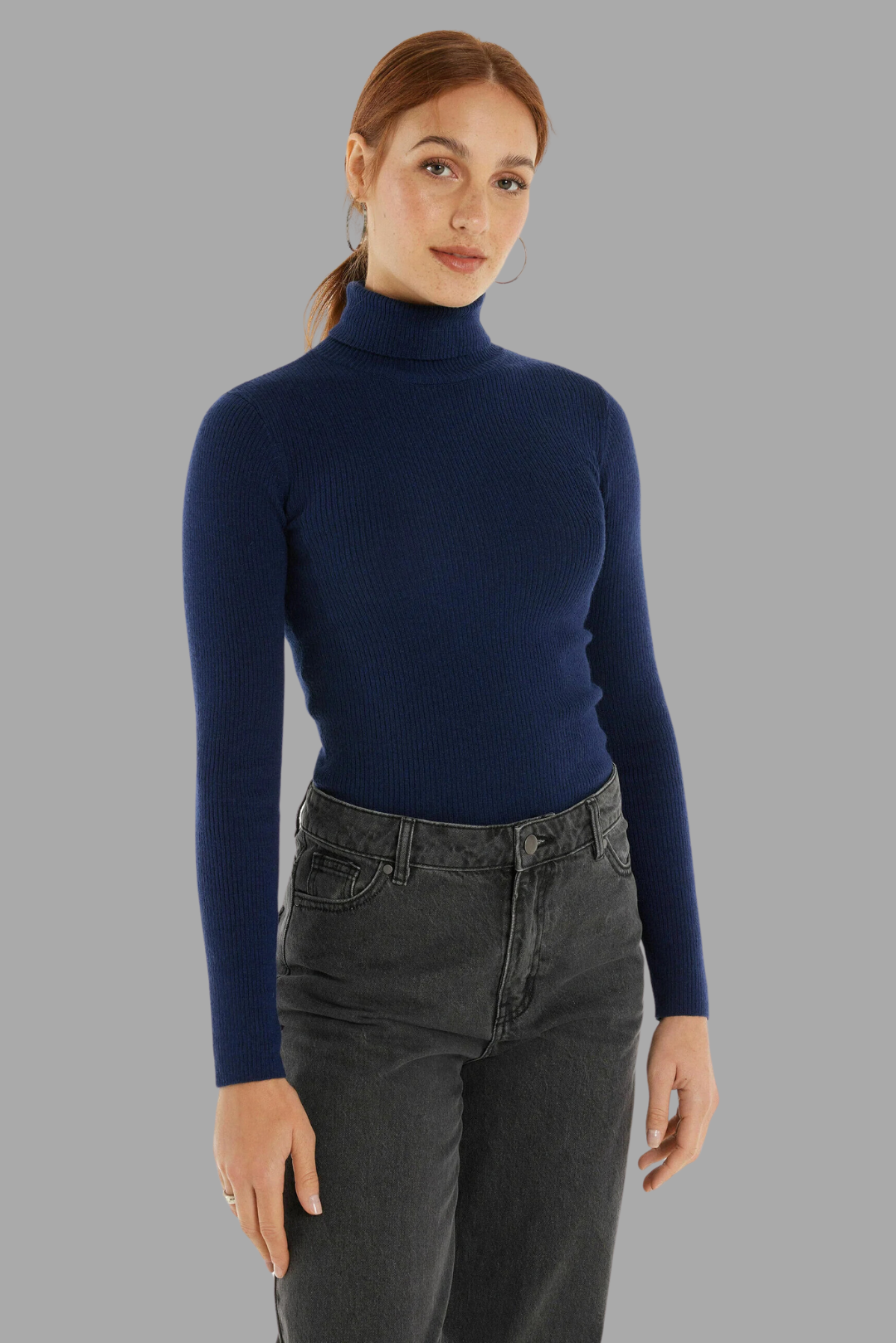 Navy Blue Rib Knit Turtleneck Sweater